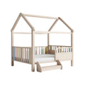 **Lit enfant en forme de maison avec barrières colorées et échelle intégrée**