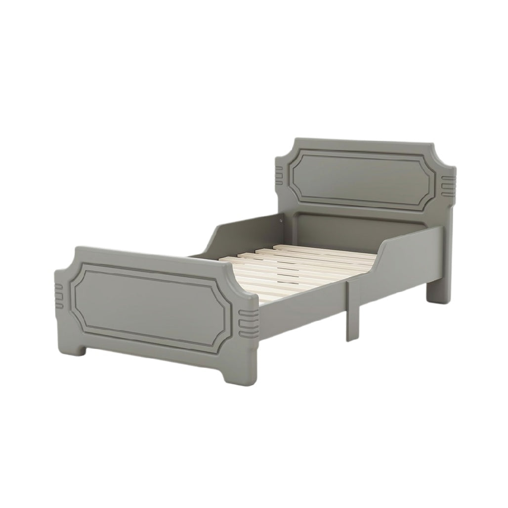 **Lit en bois avec lattes, finition grise et design classique**